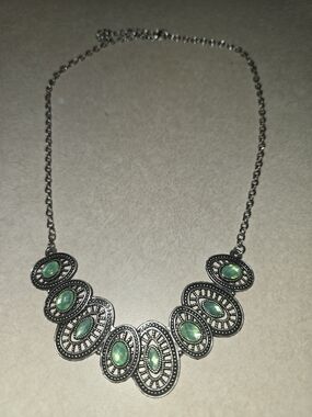 Silver-Tone Necklace with Green Gemstone Accents